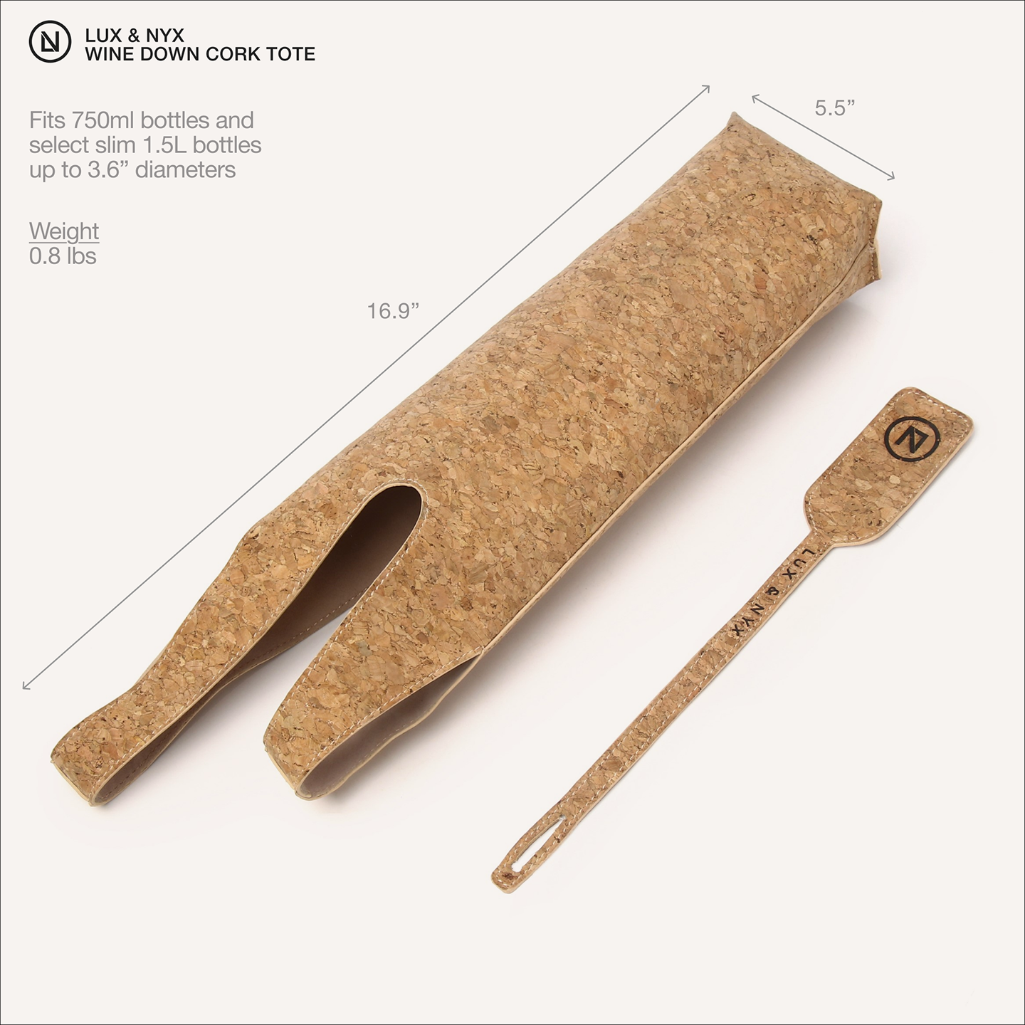 Cork tote and wine opener with dimensions and specifications on a white background