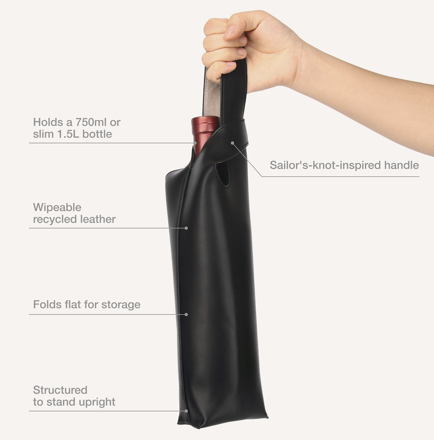 Black bottle holder with features highlighted on a white background