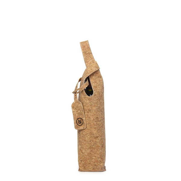 Wine Down Tote in Cork, front view, showing the Cork body and top handles in a sailor knot with the tag attached.