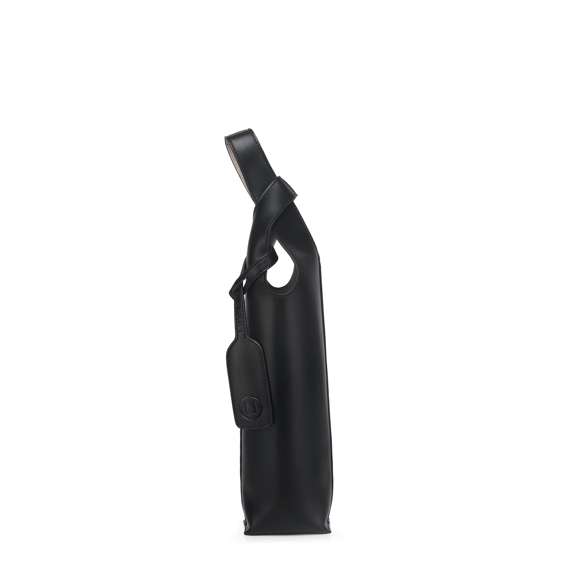 Wine Down Tote in Recycled Leather, front view, showing the leather body and top handles in a sailor knot with the tag attached.