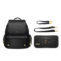 Lux & Nyx Zoe Backpack - 15" Laptop Backpack With Detachable 5-Way Wear Crossbody Clutch - Black - Backpack Front View With The 5-Way Wear Crossbody Clutch Detached From The Bag, Short Strap, And Long Strap