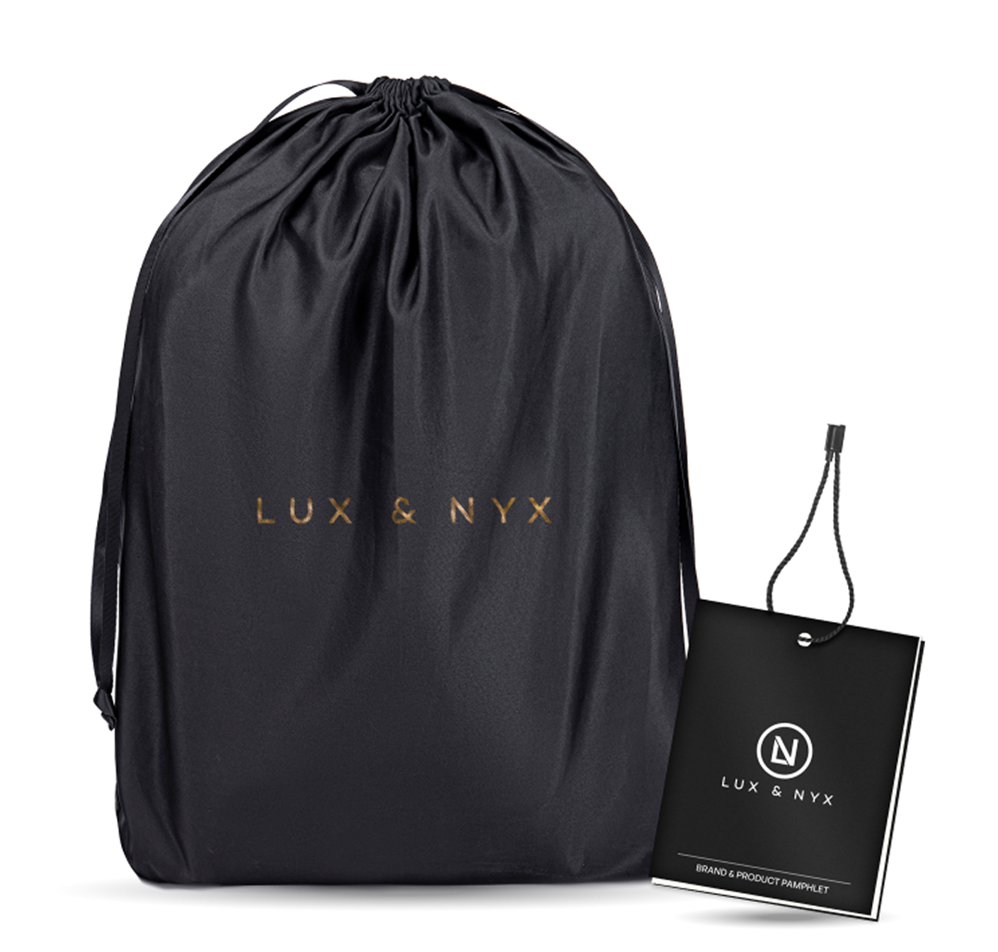 Black drawstring bag with 'LUX & NYX' branding and a matching product pouch on a white background.