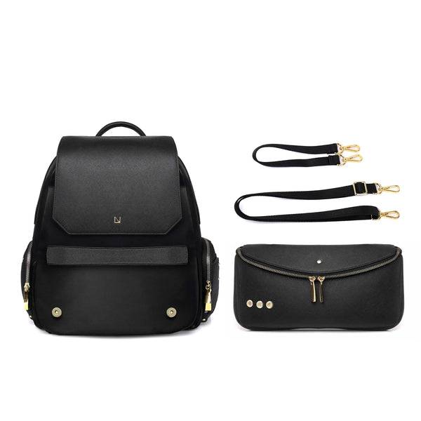 Lux & Nyx Zoe Backpack - 15" Laptop Backpack With Detachable 5-Way Wear Crossbody Clutch - Black-with-Gold-Hardware - Backpack Front View With The 5-Way Wear Crossbody Clutch Detached From The Bag, Short Strap, And Long Strap