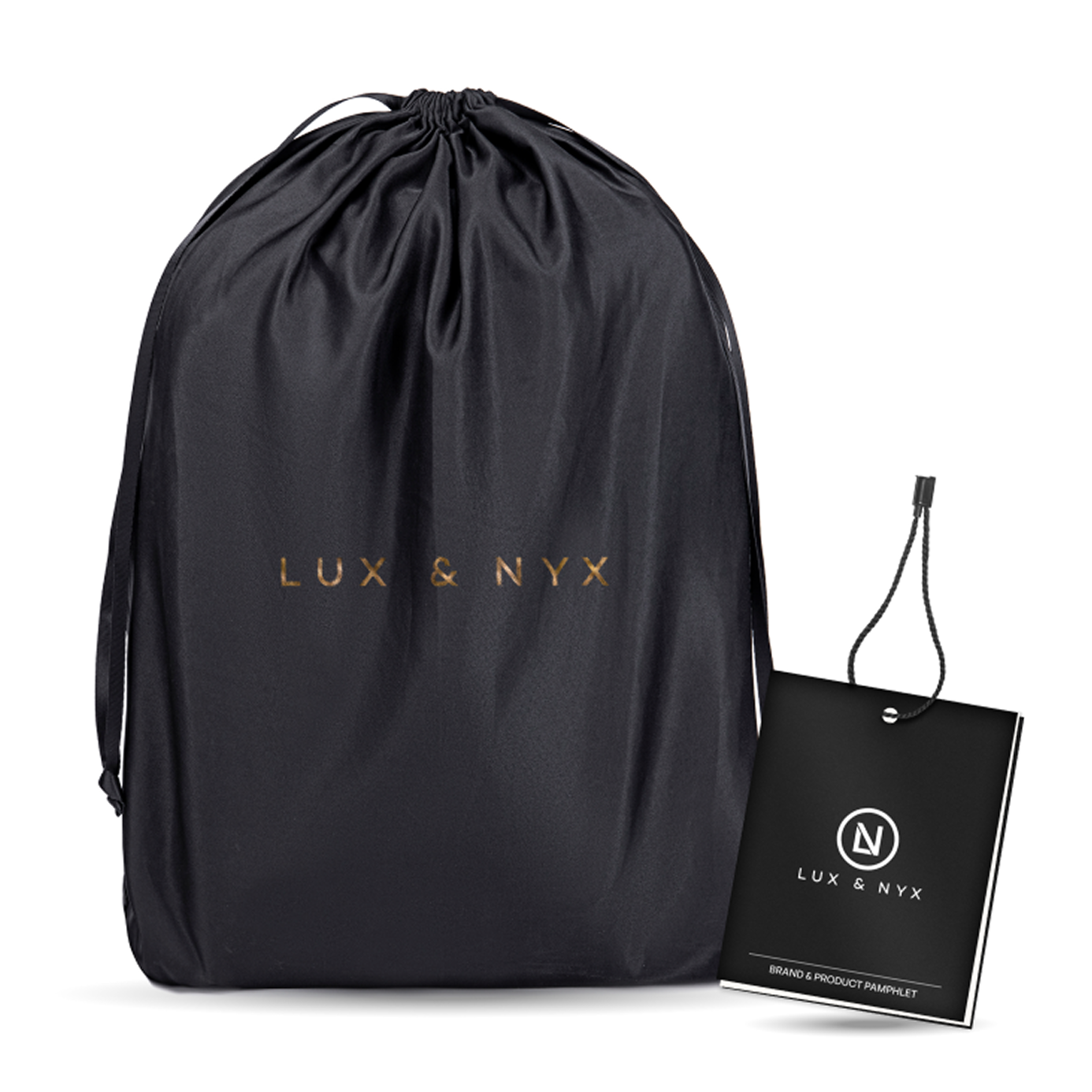 Black drawstring bag with 'LUX & NYX' branding on a white background