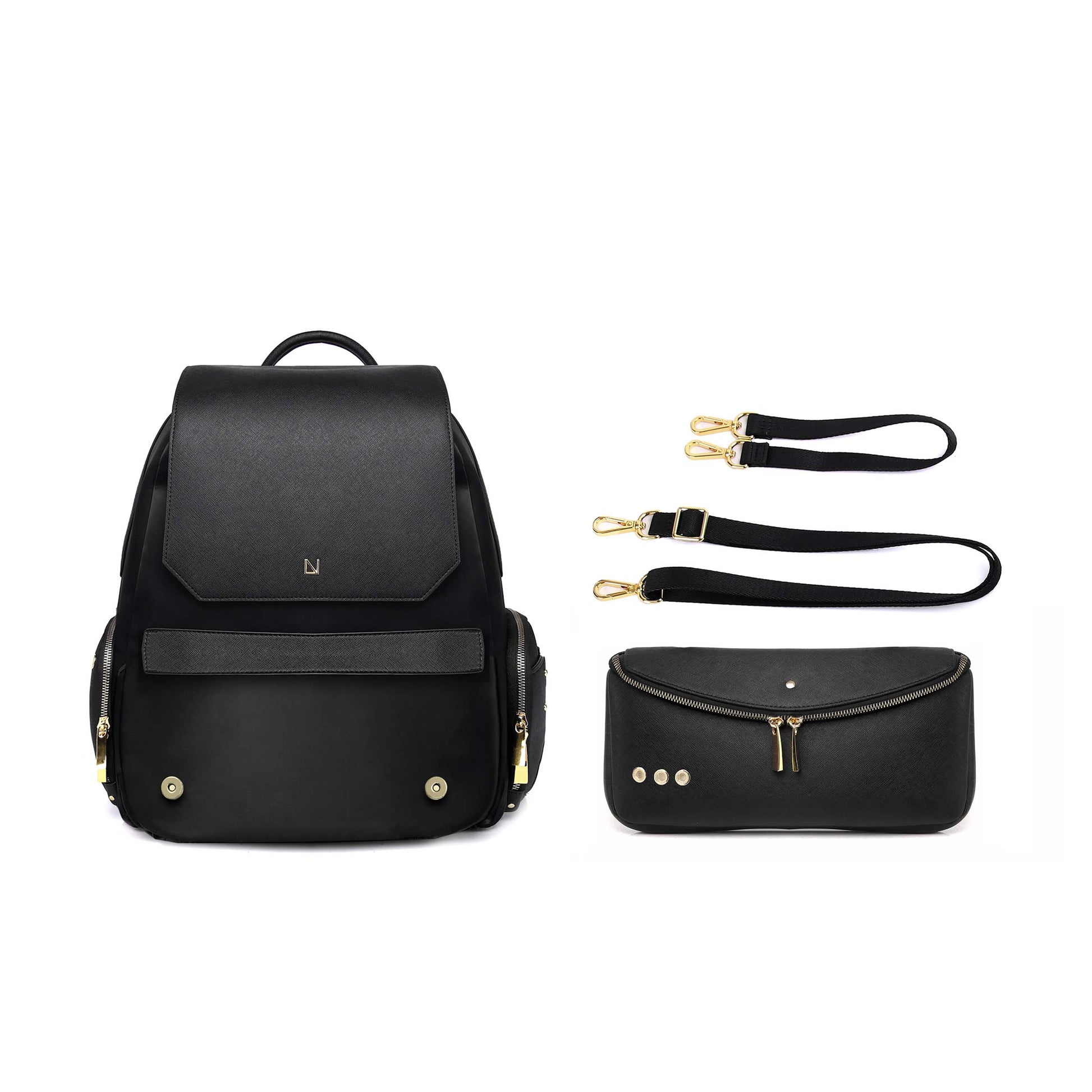 Lux & Nyx Little Zoe Backpack - 13" Laptop Backpack With Detachable 5-Way Wear Crossbody Clutch - Black - Backpack Front View With The 5-Way Wear Crossbody Clutch Detached From The Bag, Short Strap, And Long Strap