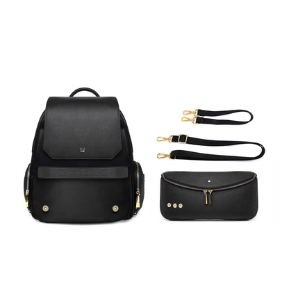 Lux & Nyx Little Zoe Backpack - 13" Laptop Backpack With Detachable 5-Way Wear Crossbody Clutch - Black - Backpack Front View With The 5-Way Wear Crossbody Clutch Detached From The Bag, Short Strap, And Long Strap