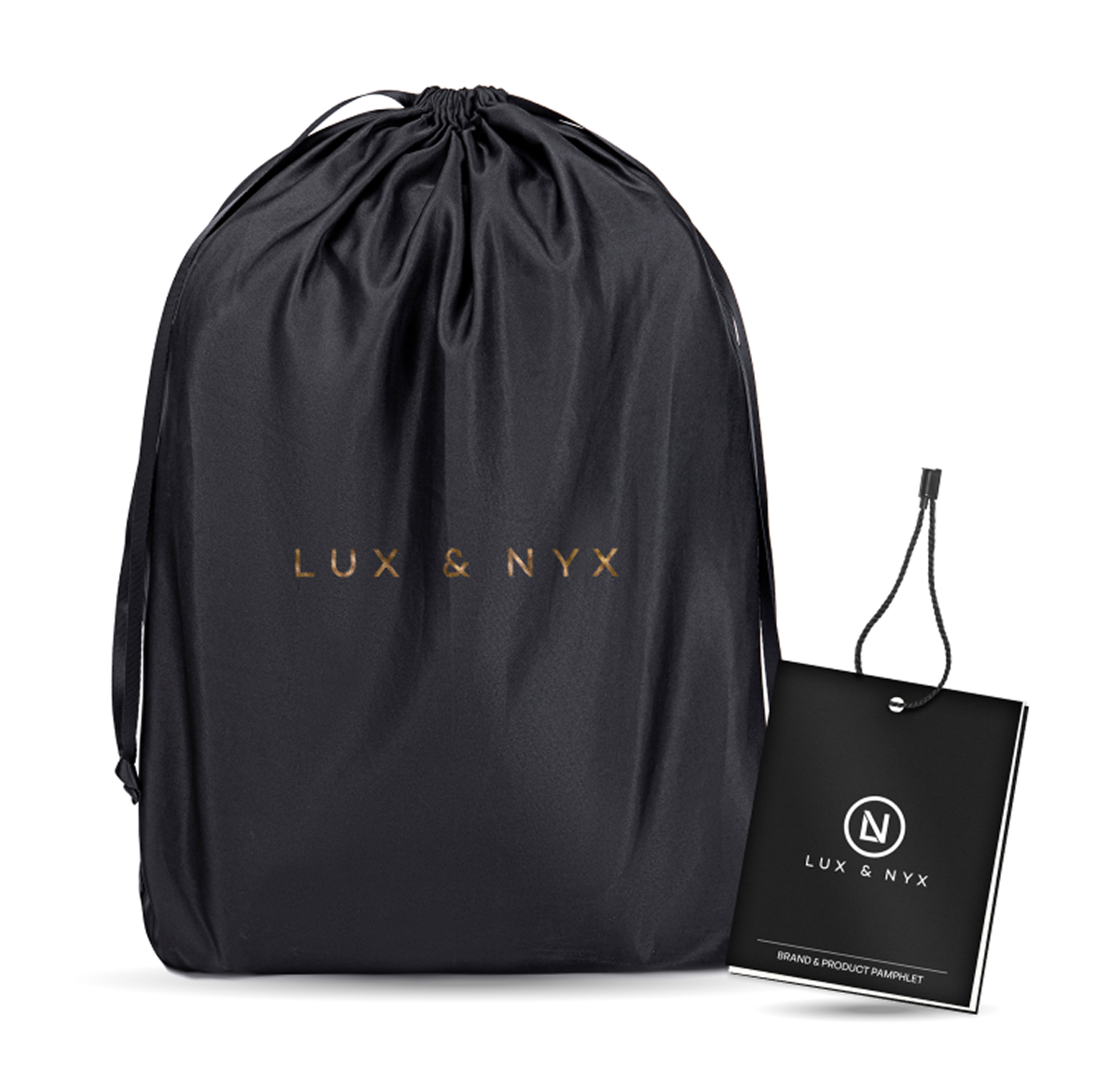 Black drawstring bag with 'LUX & NYX' branding on a white background