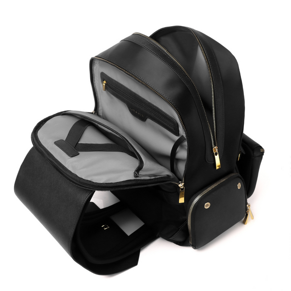 Lux & Nyx Zoe Backpack - 15" Laptop Backpack With Detachable 5-Way Wear Crossbody Clutch - Black-with-Gold-Hardware - Backpack Top View Of The Main Compartment and Laptop Compartment Unzipped and Opened