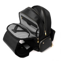 Lux & Nyx Zoe Backpack - 15" Laptop Backpack With Detachable 5-Way Wear Crossbody Clutch - Black - Backpack Top View Of The Main Compartment and Laptop Compartment Unzipped and Opened