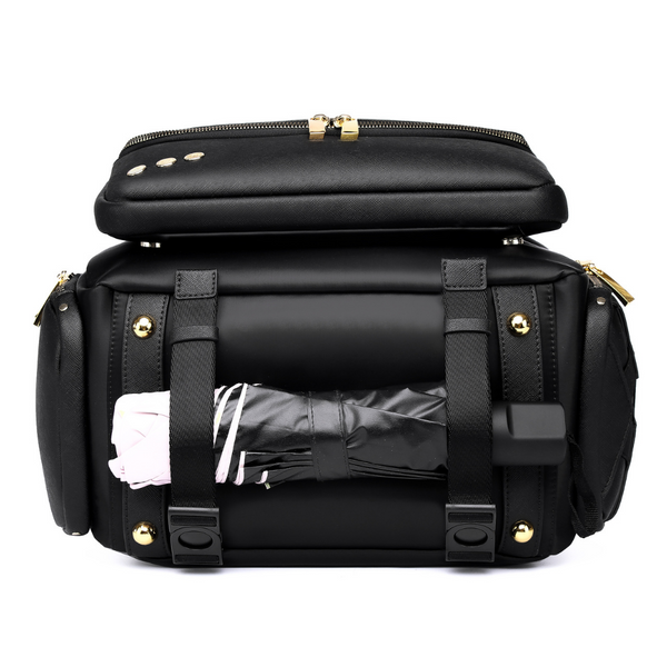 Lux & Nyx Zoe Backpack - 15" Laptop Backpack With Detachable 5-Way Wear Crossbody Clutch - Black-with-Gold-Hardware - Backpack Bottom View Showing An Umbrella Secured In The Umbrella Straps