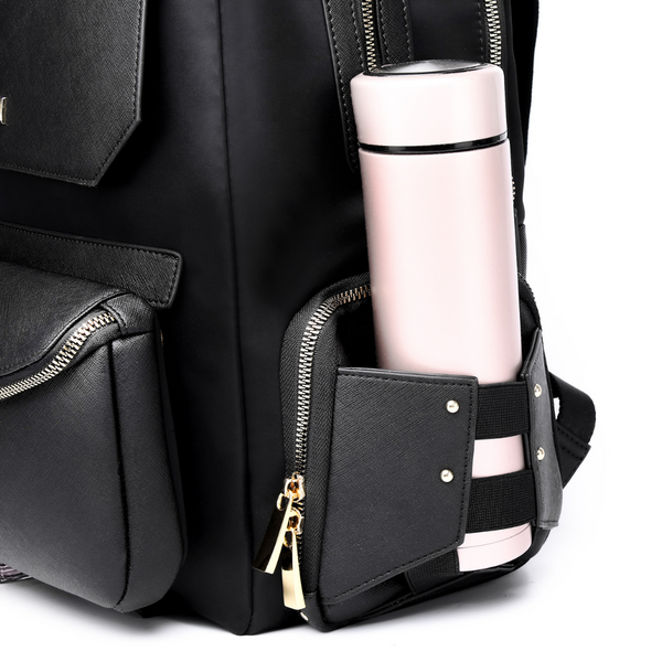 Lux & Nyx Zoe Backpack - 15" Laptop Backpack With Detachable 5-Way Wear Crossbody Clutch - Black-with-Gold-Hardware - A Water Bottle In The Water Bottle Pocket