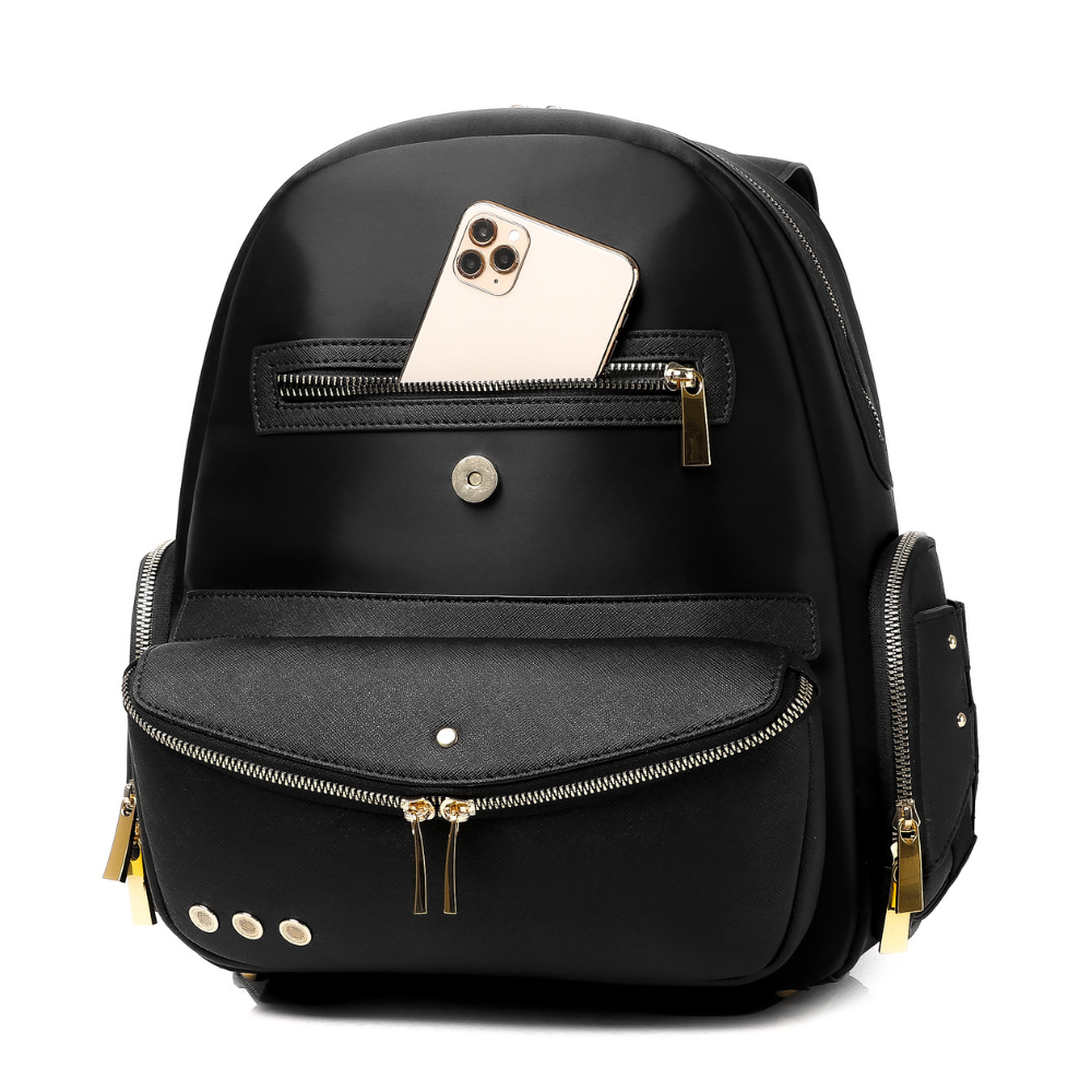 Lux & Nyx Little Zoe Backpack - 13" Laptop Backpack With Detachable 5-Way Wear Crossbody Clutch - Black - Backpack Quarter View With A Phone Inside The Exterior Zipped Front Pocket