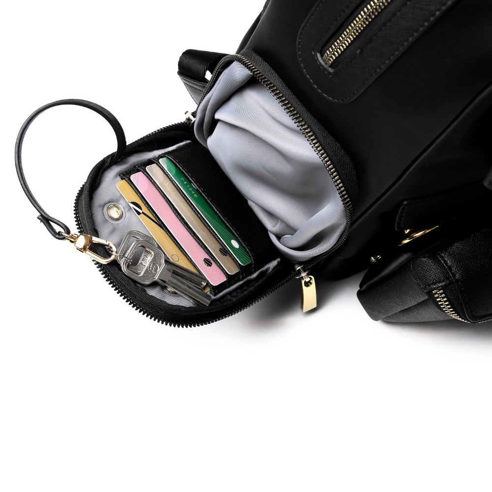 Lux & Nyx Little Zoe Backpack - 13" Laptop Backpack With Detachable 5-Way Wear Crossbody Clutch - Black - View Of The Zipped Card Slots With Key Leash