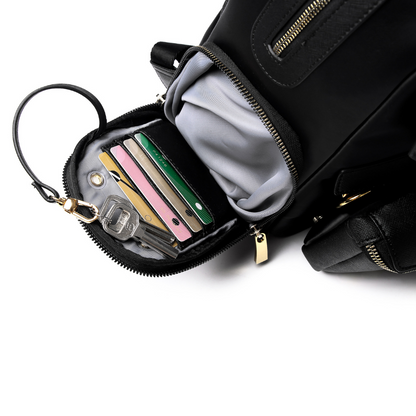 Lux & Nyx Little Zoe Backpack - 13" Laptop Backpack With Detachable 5-Way Wear Crossbody Clutch - Black - View Of The Zipped Card Slots With Key Leash
