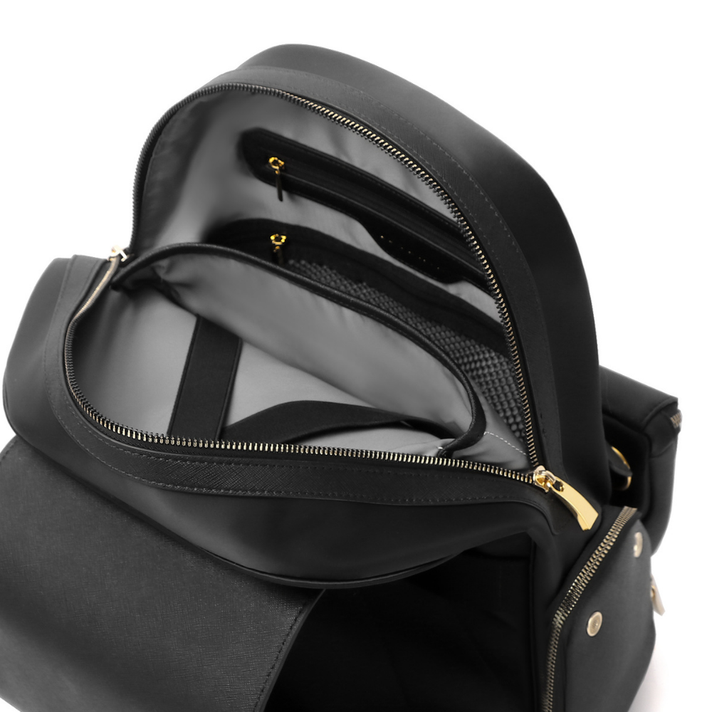 Lux & Nyx Little Zoe Backpack - 13" Laptop Backpack With Detachable 5-Way Wear Crossbody Clutch - Black - Backpack Top View Of The Main Compartment and Laptop Compartment Unzipped and Opened