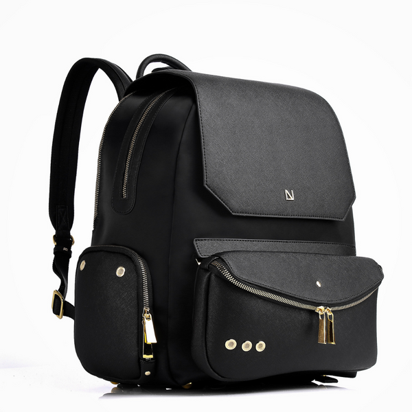 Lux & Nyx Zoe Backpack - 15" Laptop Backpack With Detachable 5-Way Wear Crossbody Clutch - Black-with-Gold-Hardware - Backpack Quarter ViewLux & Nyx 