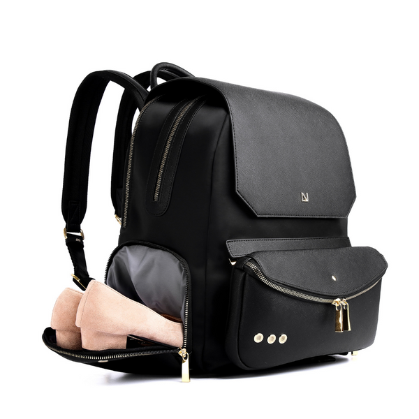 Lux & Nyx Zoe Backpack - 15" Laptop Backpack With Detachable 5-Way Wear Crossbody Clutch - Black-with-Gold-Hardware - A Professional Woman Putting A Laptop Inside shoes