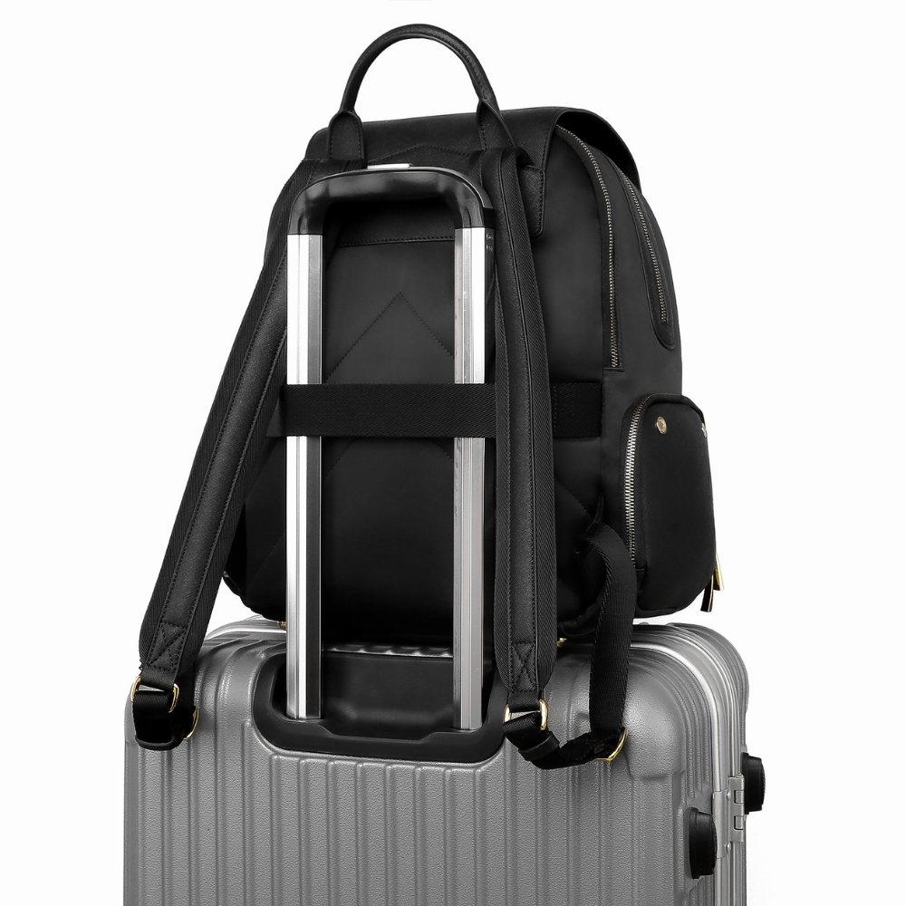 Lux & Nyx Zoe Backpack - 15" Laptop Backpack With Detachable 5-Way Wear Crossbody Clutch - Black - Backpack Slipped Onto Luggage Trolley