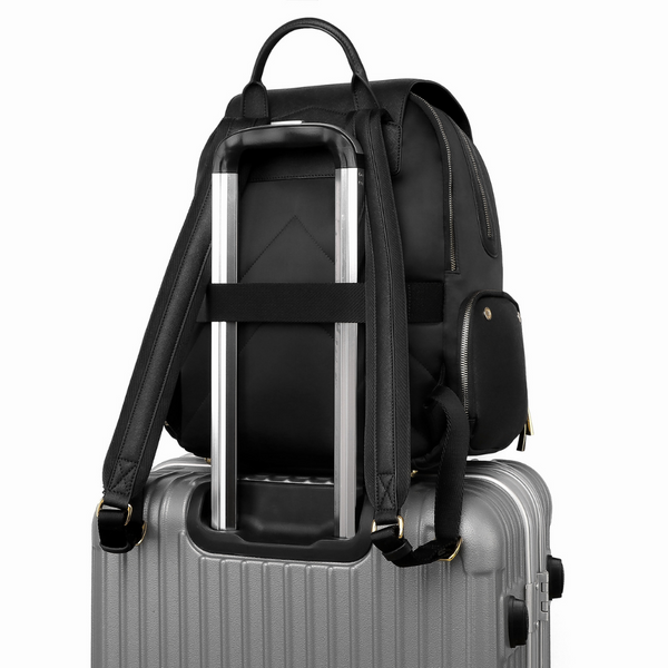 Lux & Nyx Zoe Backpack - 15" Laptop Backpack With Detachable 5-Way Wear Crossbody Clutch - Black-with-Gold-Hardware - Backpack Slipped Onto Luggage Trolley