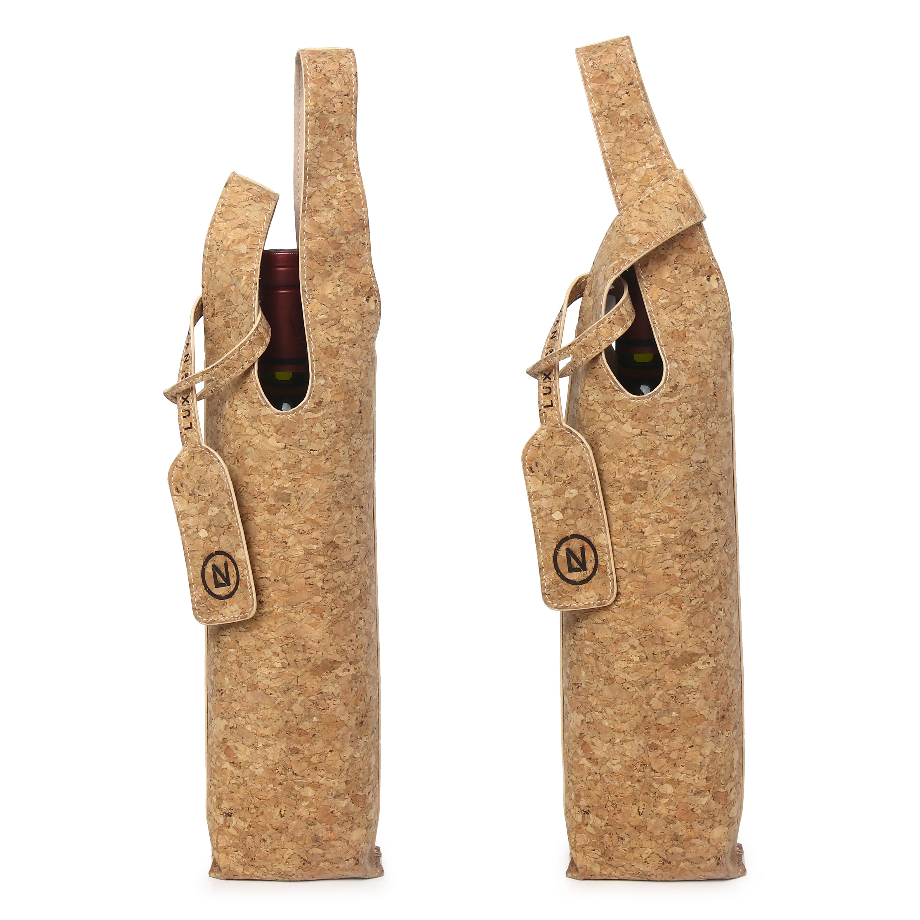 Lux & Nyx Wine Tote - Cork - Front View With A Wine Bottle Inside, Unknotted and Knotted