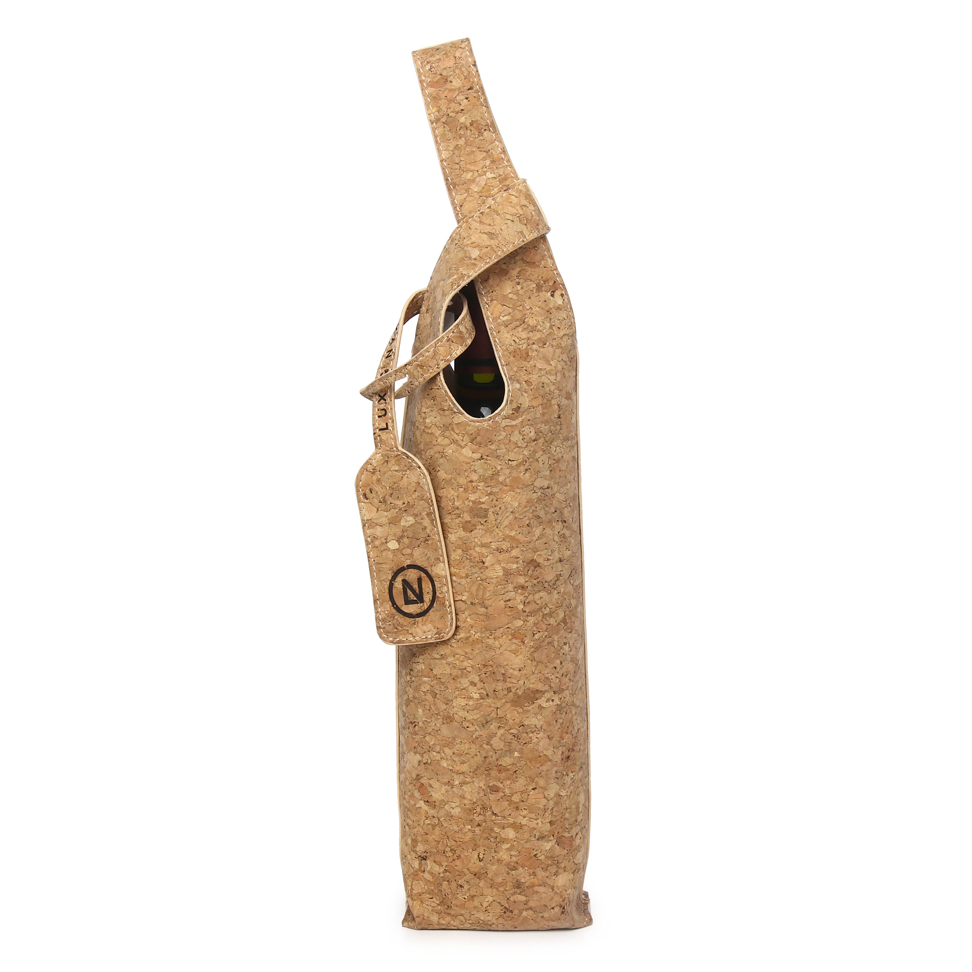 Lux & Nyx Wine Tote - Cork - Front View With A Wine Bottle Inside