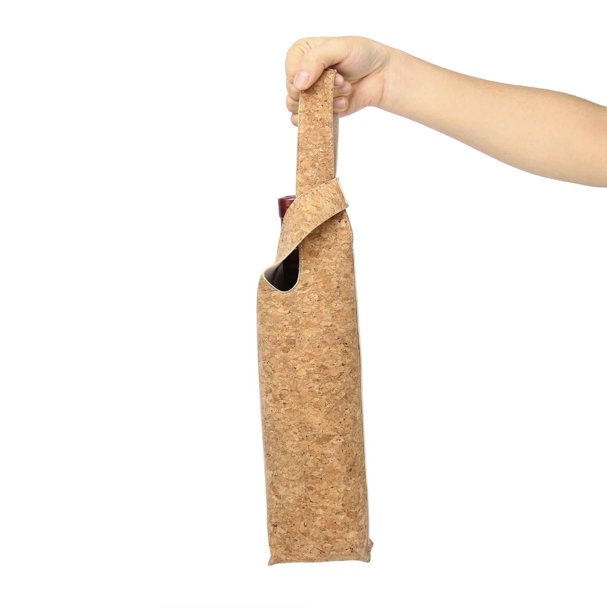 Lux & Nyx Wine Tote - Cork - Hand Model Holding The Wine Tote With A Wine Bottle Inside