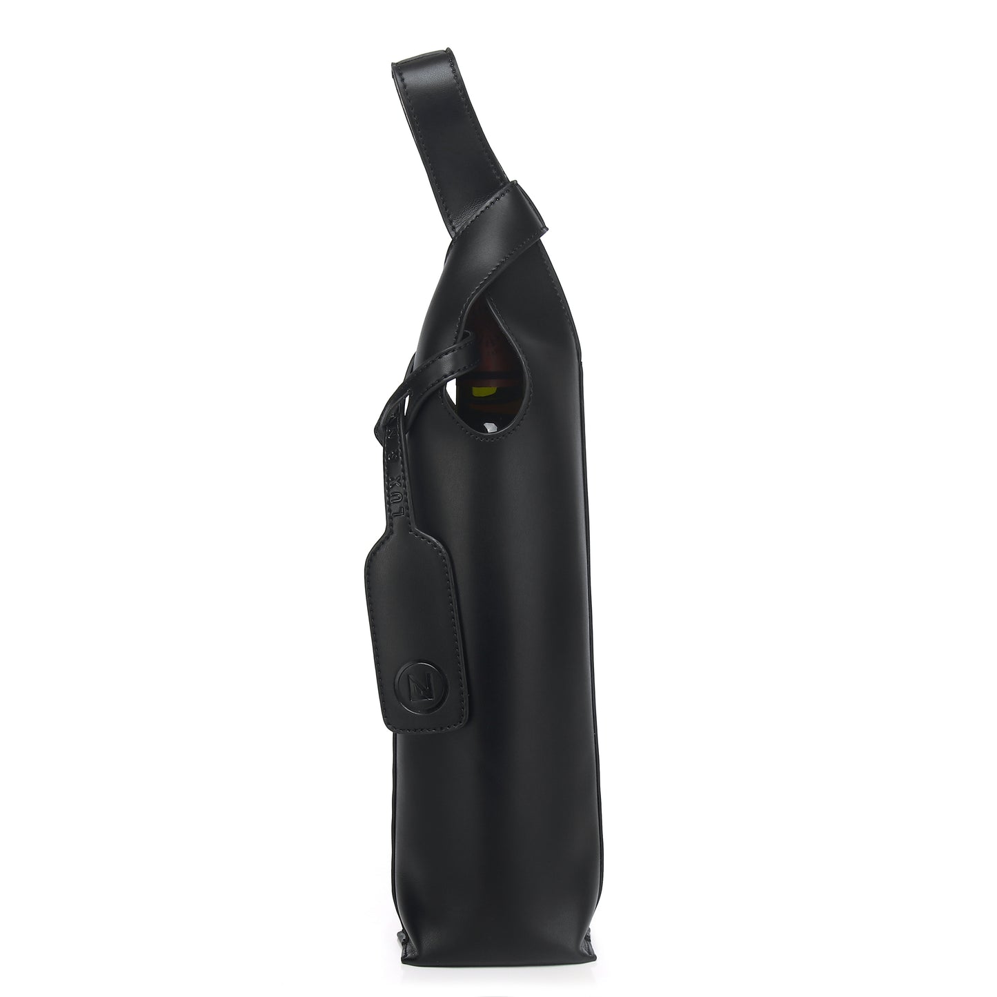 Lux & Nyx Wine Tote - Upcycled Leather - Front View With A Wine Bottle Inside, Knotted