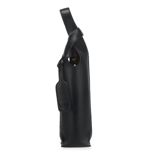 Lux & Nyx Wine Tote - Upcycled Leather - Front View With A Wine Bottle Inside, Knotted