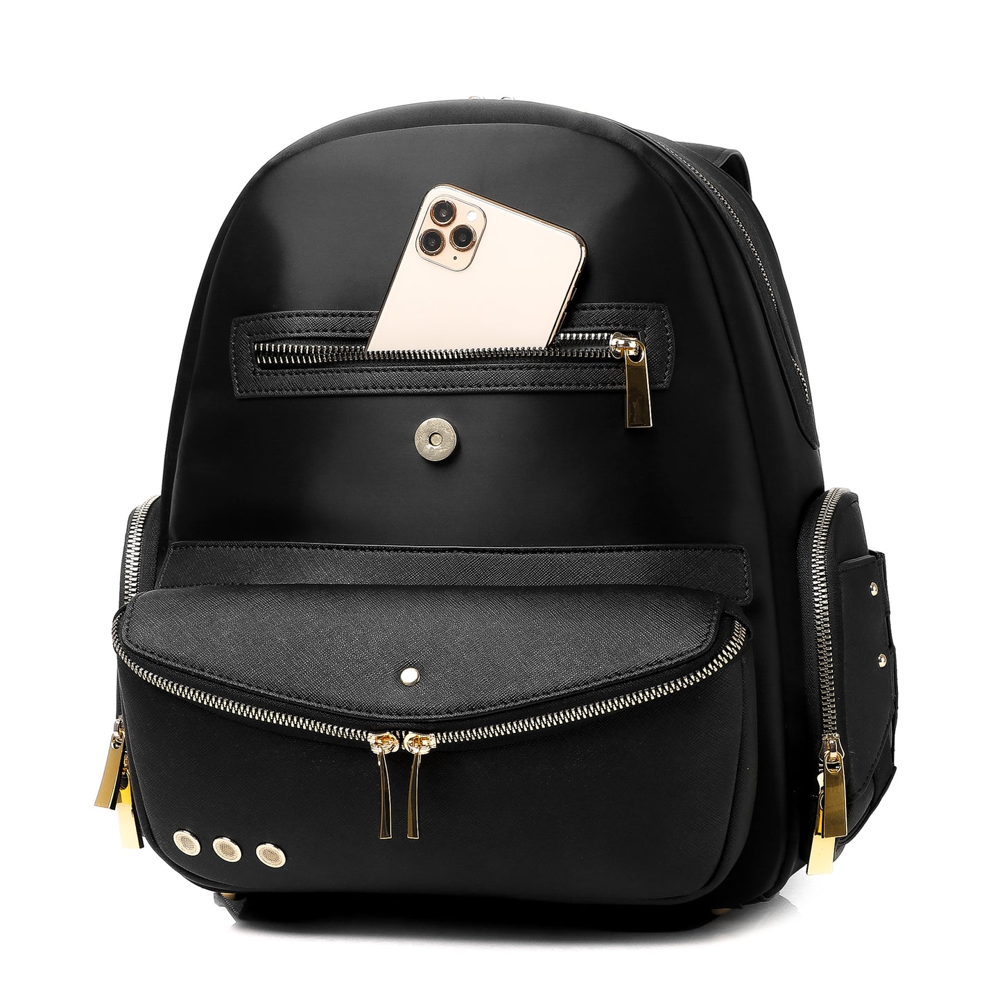 Lux & Nyx Zoe Backpack - 15" Laptop Backpack With Detachable 5-Way Wear Crossbody Clutch - Black - Backpack Quarter View With A Phone Inside The Exterior Zipped Front Pocket