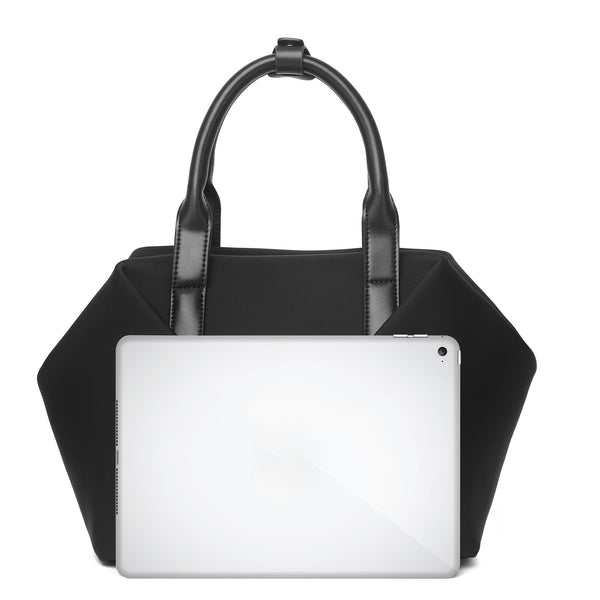 A Mid Origami handbag with specific colors black with gold hardware - Front view with tablet