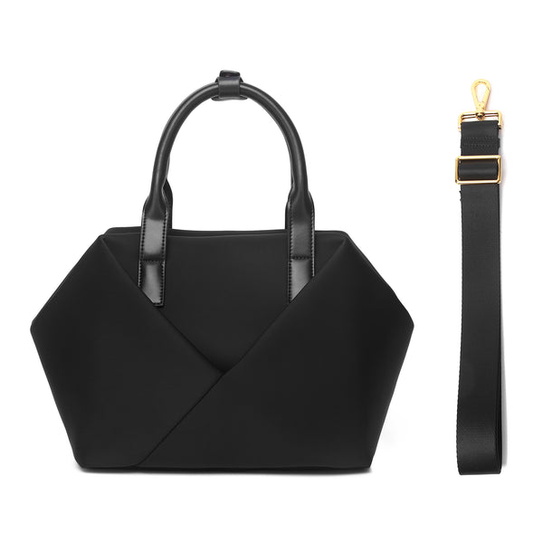 A Mid Origami handbag with specific colors black with gold hardware - Front view with stripe