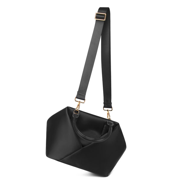 A Black + Gold Hardware handbag front view image with strip.